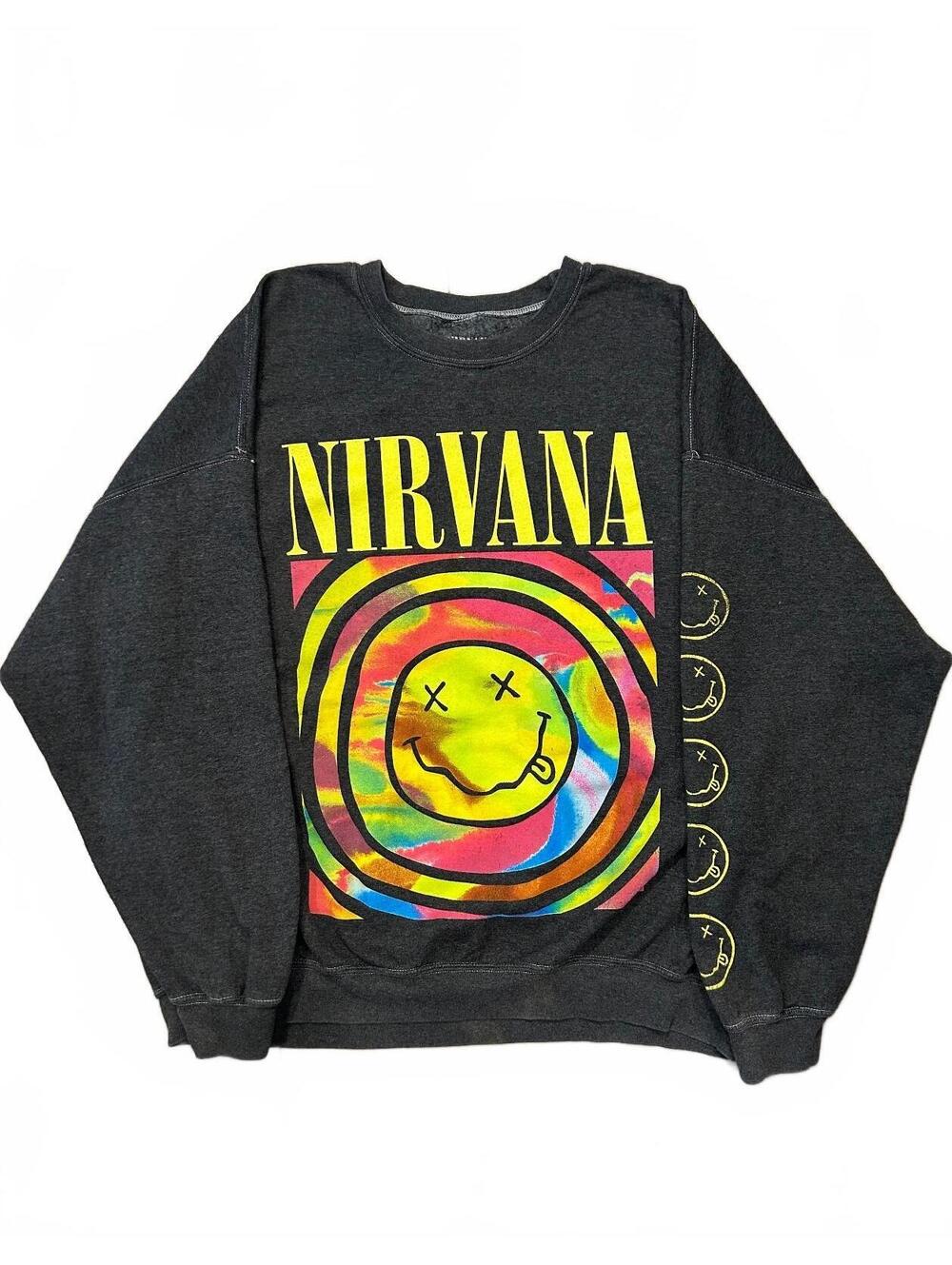Nirvana Tie-Dye Smiley Face Oversized Crewneck Sweatshirt S/M Band Merch Grunge
